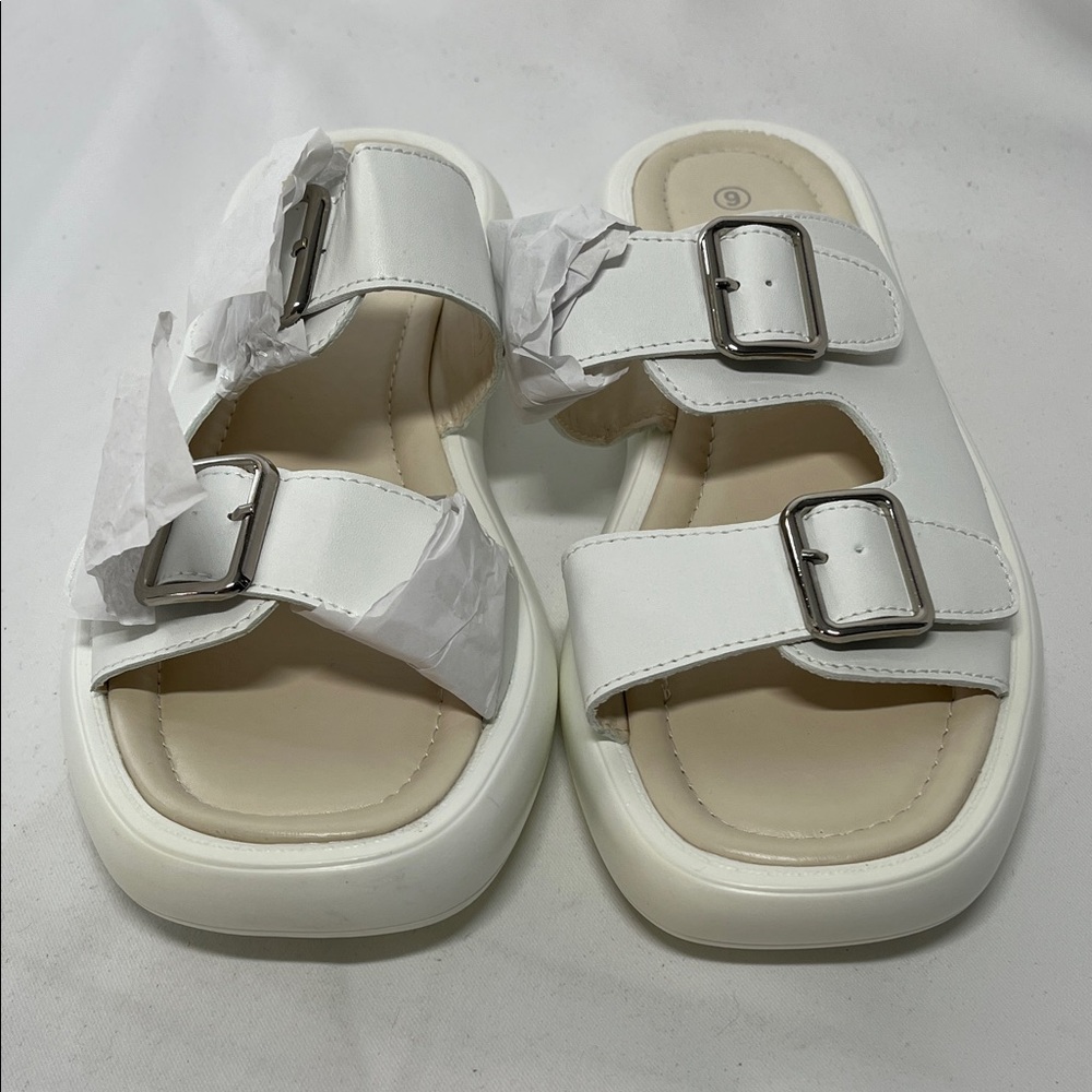 Elegant White Women's Mules with Adjustable Buckles